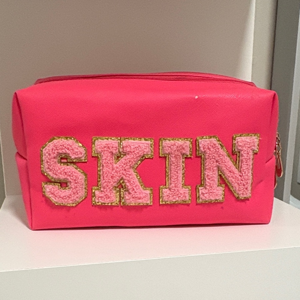 Hot Pink Cosmetic Pouch with 'SKIN' Applique